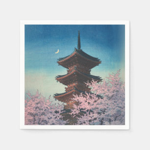 Vintage Japanese Woodblock Spring Evening Pagoda Napkin