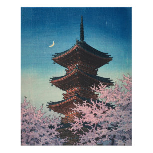 Vintage Japanese Woodblock Spring Evening Pagoda Poster