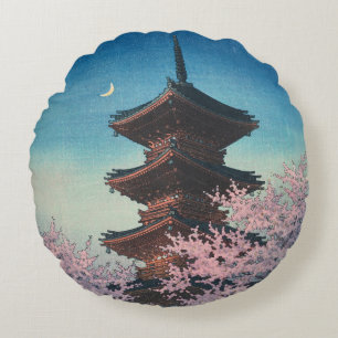 Vintage Japanese Woodblock Spring Evening Pagoda Round Pillow