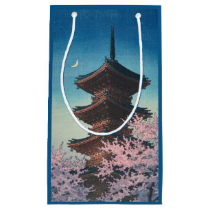 Vintage Japanese Woodblock Spring Evening Pagoda Small Gift Bag