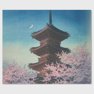 Vintage Japanese Woodblock Spring Evening Pagoda Wrapping Paper