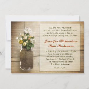 vintage jar with wild flowers wedding invitation