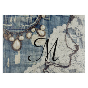 Vintage Jeans Victori Monogram Glass Cutting Board