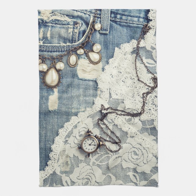Vintage Jeans Victorian Lace Kitchen Dish Towel (Vertical)