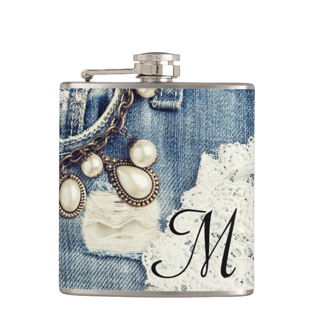 Vintage Jeans Victorian Monogram Whiskey Flask (Front)