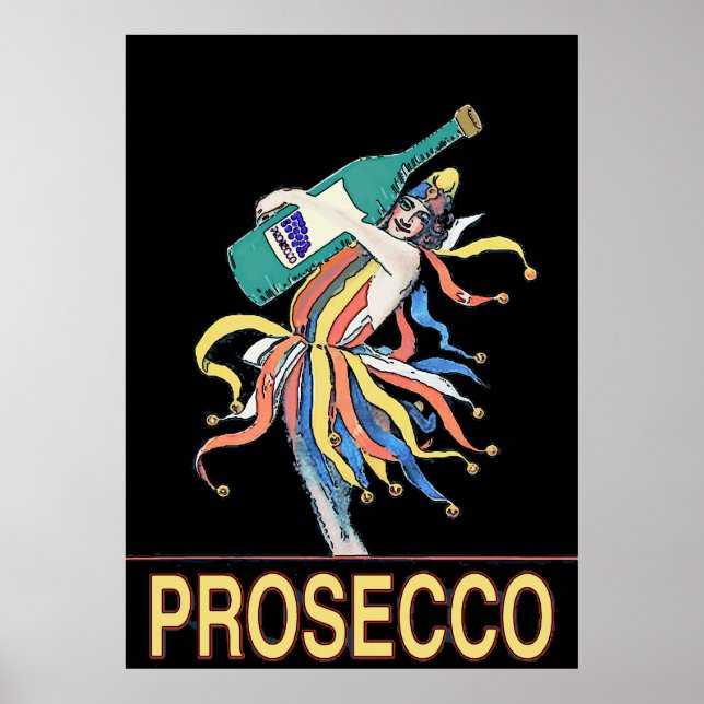 Vintage Jester with Prosecco Bottle, Poster (Front)