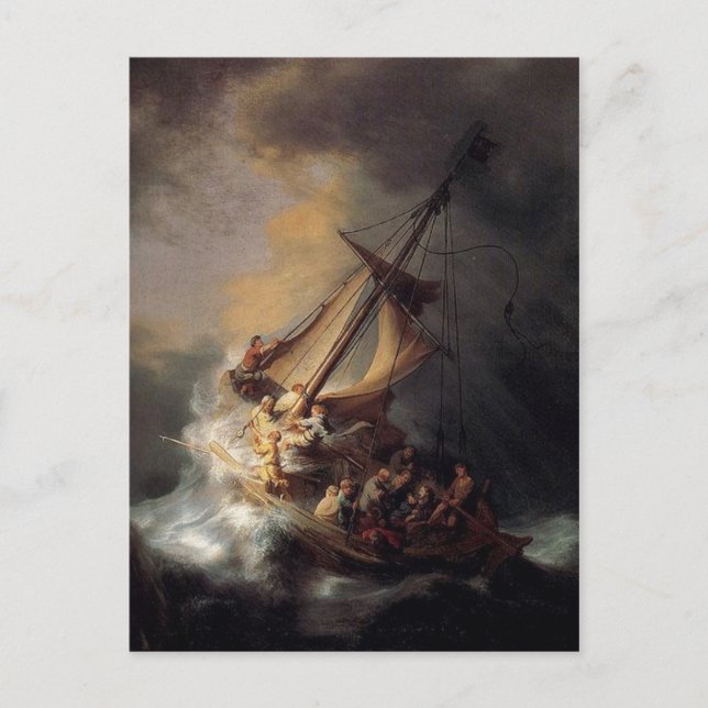 Vintage Jesus calming storm painting Postcard (Front)