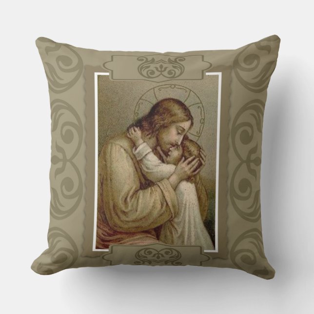 Vintage Jesus Christ holding Young Child Throw Pillow (Front)