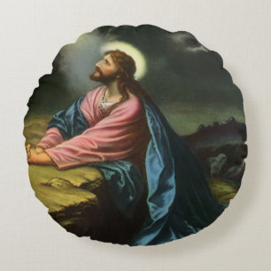 Vintage Jesus Christ Praying, Garden of Gethsemane Round Pillow
