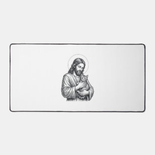 Vintage Jesus Holding Cat Engraving Graphic_1 Desk Mat