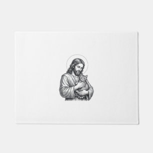 Vintage Jesus Holding Cat Engraving Graphic_1 Doormat