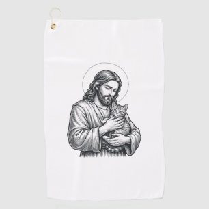 Vintage Jesus Holding Cat Engraving Graphic_1 Golf Towel