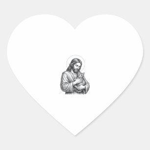 Vintage Jesus Holding Cat Engraving Graphic_1 Heart Sticker