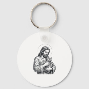 Vintage Jesus Holding Cat Engraving Graphic_1 Keychain
