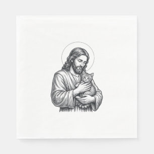 Vintage Jesus Holding Cat Engraving Graphic_1 Napkin