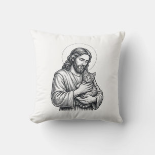 Vintage Jesus Holding Cat Engraving Graphic_1 Throw Pillow