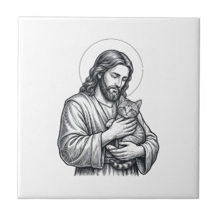 Vintage Jesus Holding Cat Engraving Graphic_1 Tile