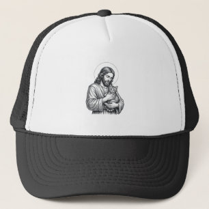Vintage Jesus Holding Cat Engraving Graphic_1 Trucker Hat