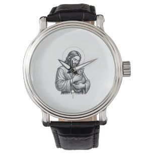 Vintage Jesus Holding Cat Engraving Graphic_1 Watch