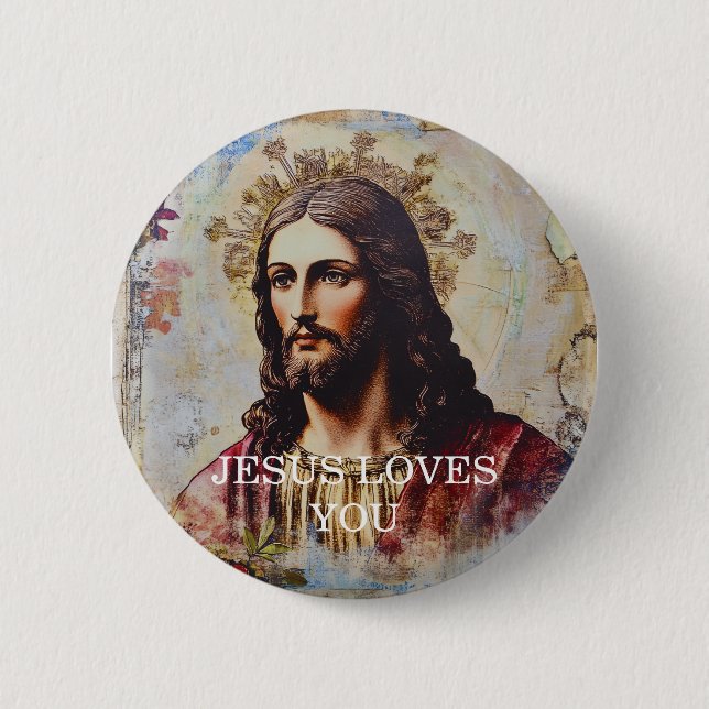 Vintage Jesus Loves You 2 Inch Round Button (Front)
