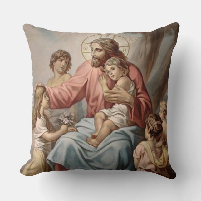Vintage Jesus with Children Boys Girls Throw Pillow (Front)