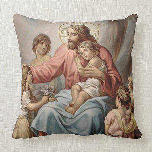 Vintage Jesus with Children Boys Girls Throw Pillow