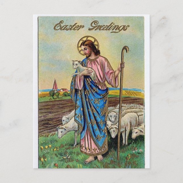Vintage Jesus With Sheep Easter Greetings Postcard (Front)