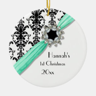 Vintage Jewel Buckle Black White Damask Ribbon Ceramic Ornament