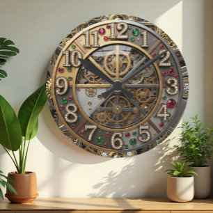 Vintage jewelled clock, Steampunk, gold, gems Round Clock