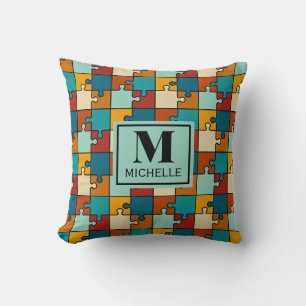 Vintage Jigsaw Puzzle Pieces Pattern Monogram Throw Pillow