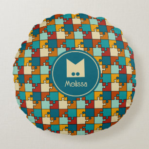 Vintage Jigsaw Puzzle Pieces Pattern Round Pillow