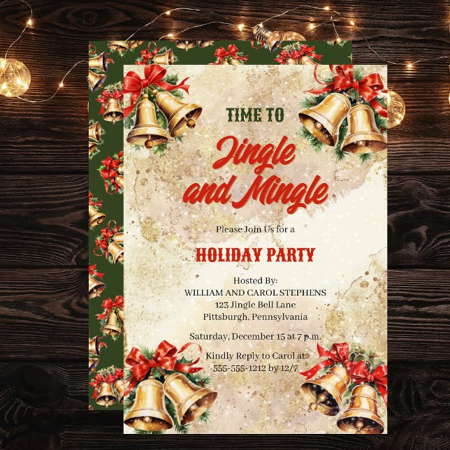 Vintage Jingle and Mingle Bells Christmas Party Invitation (Christmas "Time to Jingle and Mingle" Holiday Party Vintage Bells Invitation)