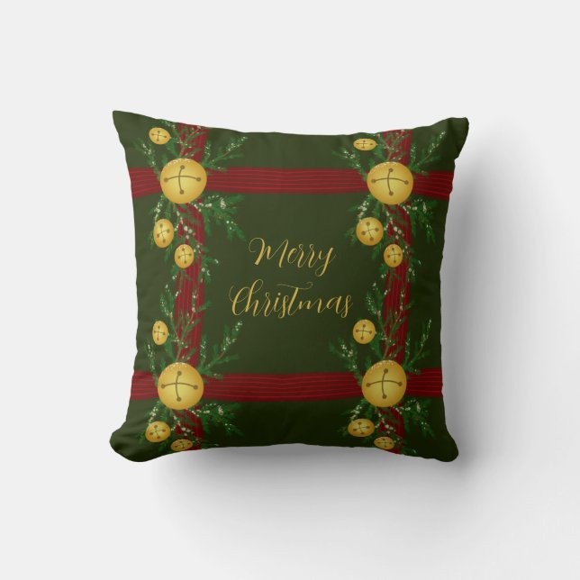 Vintage Jingle Bell Merry Christmas Throw Pillow (Front)