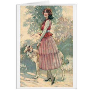 Vintage - Jolie Dame Marchant Son Chien,
