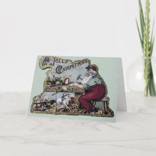Vintage Jolly Christmas Santa Working at His Desk Holiday Card