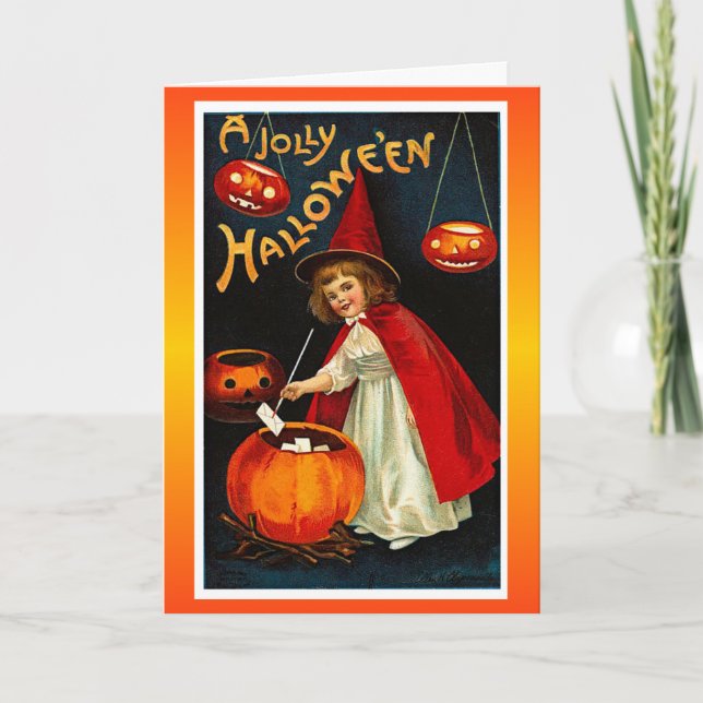 Vintage Jolly Halloween Red Witch Card (Front)