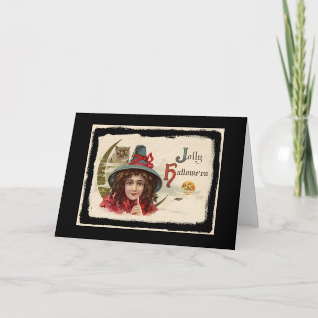 Vintage Jolly Halloween Witch Card (Front)
