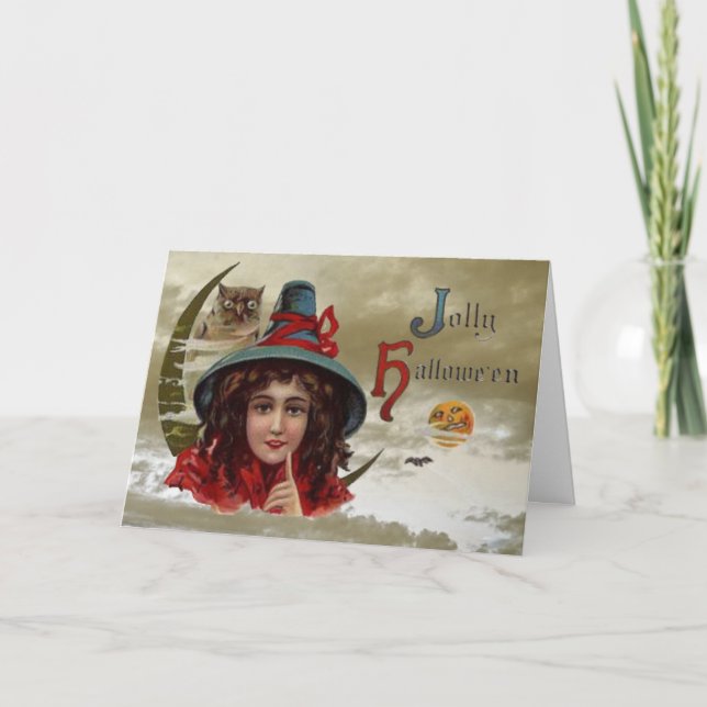 Vintage Jolly Halloween Witch Greeting Card (Front)