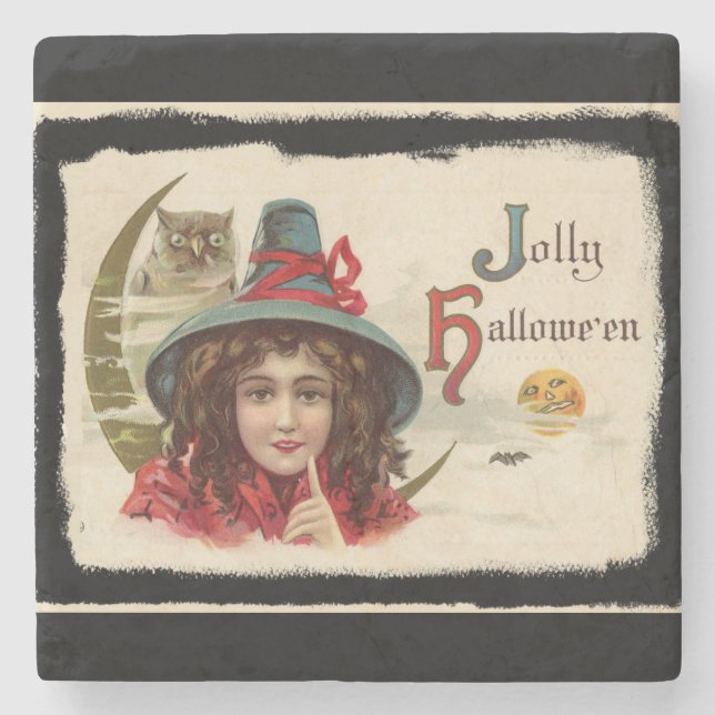 Vintage Jolly Halloween Witch Stone Coaster (Front)