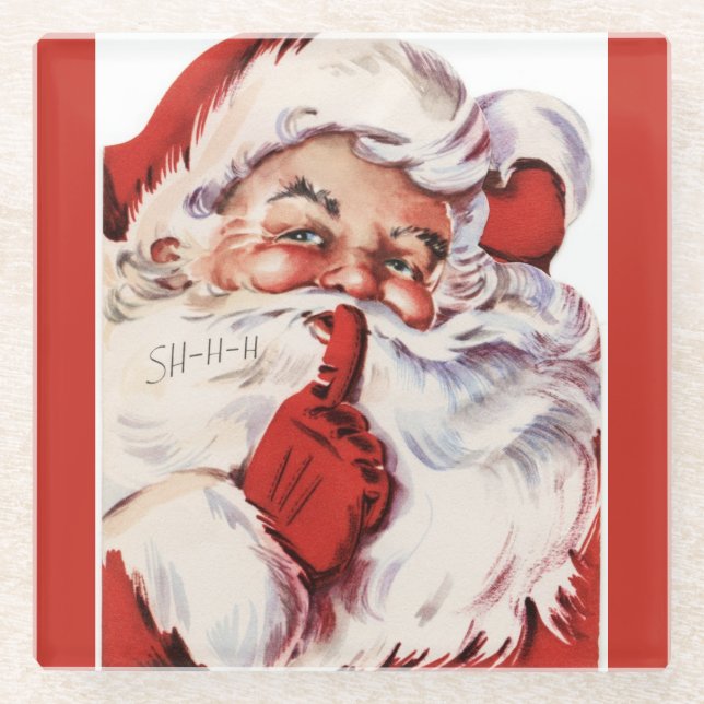 Vintage Jolly Old Santa Shhh Red Glass Coaster (Front)