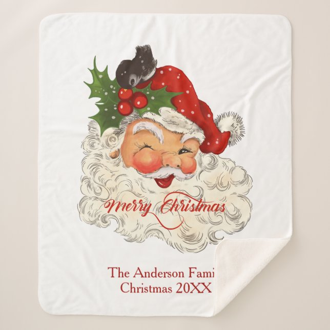 Vintage jolly Santa Claus Merry Christmas  Sherpa Blanket (Front)