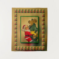 Vintage Jolly Santa on Christmas Tree, Gold, Green