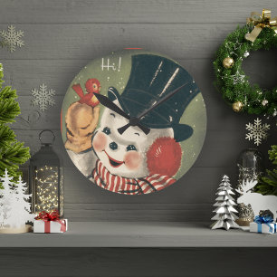 Vintage Jolly Snowman Retro Holiday Round Clock