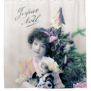 Vintage Joyeux Noël with Girl and Doll
