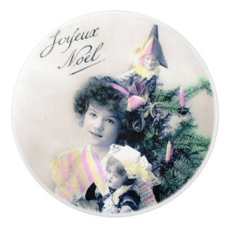 Vintage Joyeux Noël with Girl and Doll Ceramic Knob