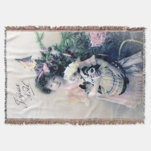 Vintage Joyeux Noël with Girl and Doll Throw Blanket