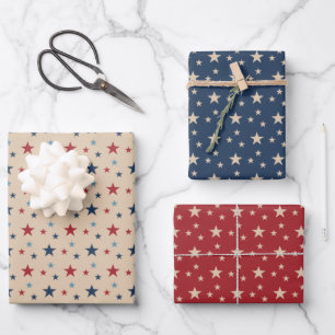 Vintage July 4th Stars Pattern Red Blue Beige Wrapping Paper Sheet