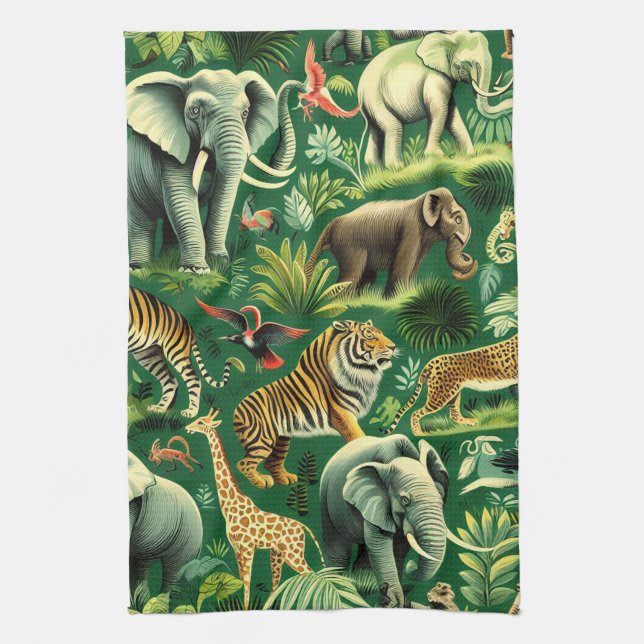 Vintage Jungle Animals Pattern Kitchen Towel (Vertical)