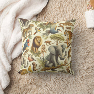 Vintage Jungle Animals Watercolor Throw Pillow