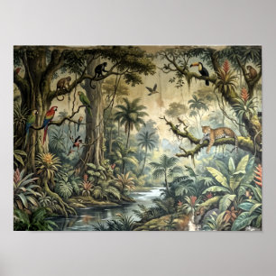 Vintage Jungle Wildlife & Botanical Landscape Art  Poster